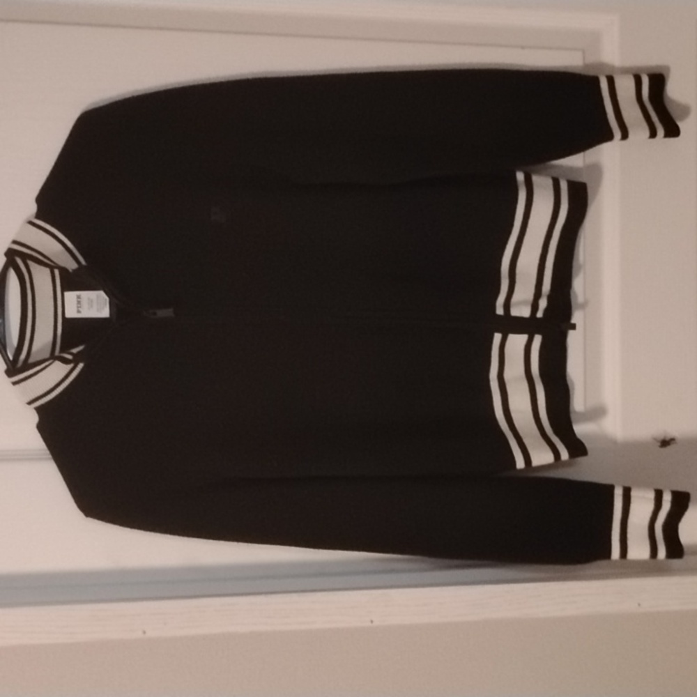 VS PINK Black Full-Zip Collegiate Sweater w Cream Accents Size XL (Fits Like M/L